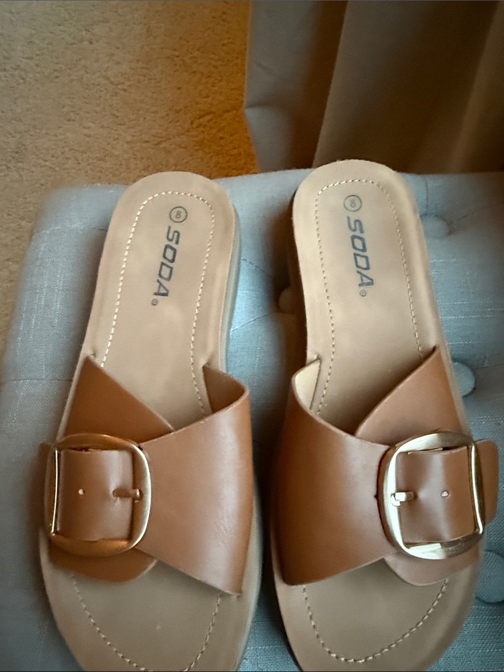 Soda Brown Slide Mules with Gold Buckle